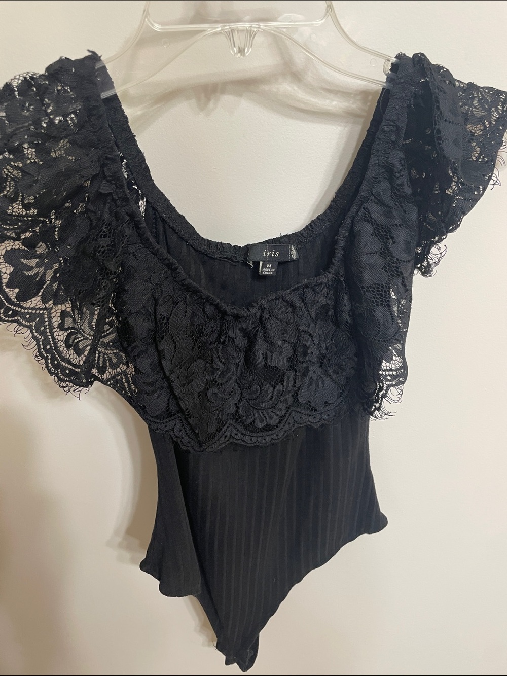 iris Black Lace Flutter-Sleeve Bodysuit
